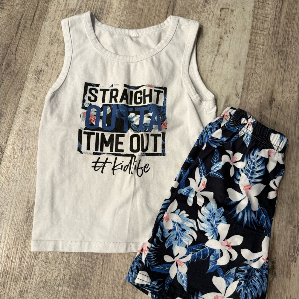 **4 for $15**Kids White Tank Top & Navy Floral Shorts Set